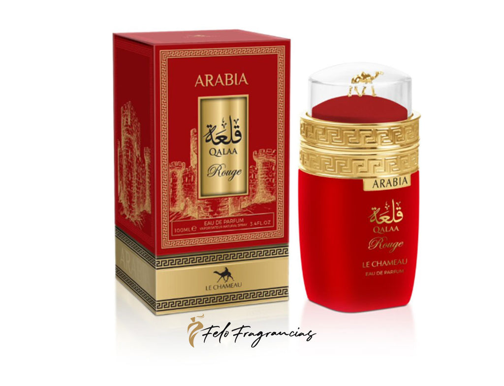 Arabia Qalaa Rouge eau de parfum 100ml, red bottle with gold cap and matching box