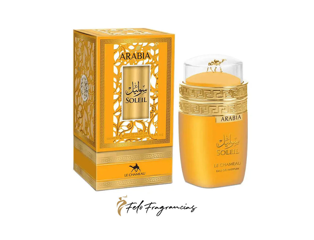 Arabia Soleil Eau de Parfum 100ml bottle with box, gold and amber design