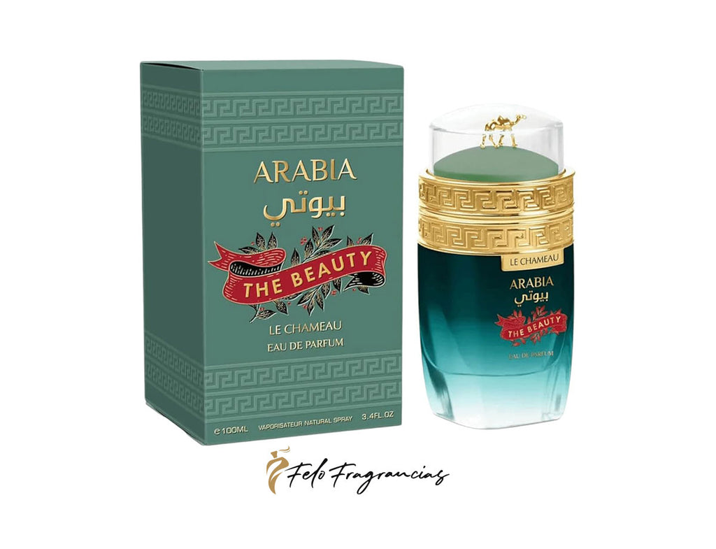 Arabia Eau de Parfum 100ml bottle and green box, The Beauty label