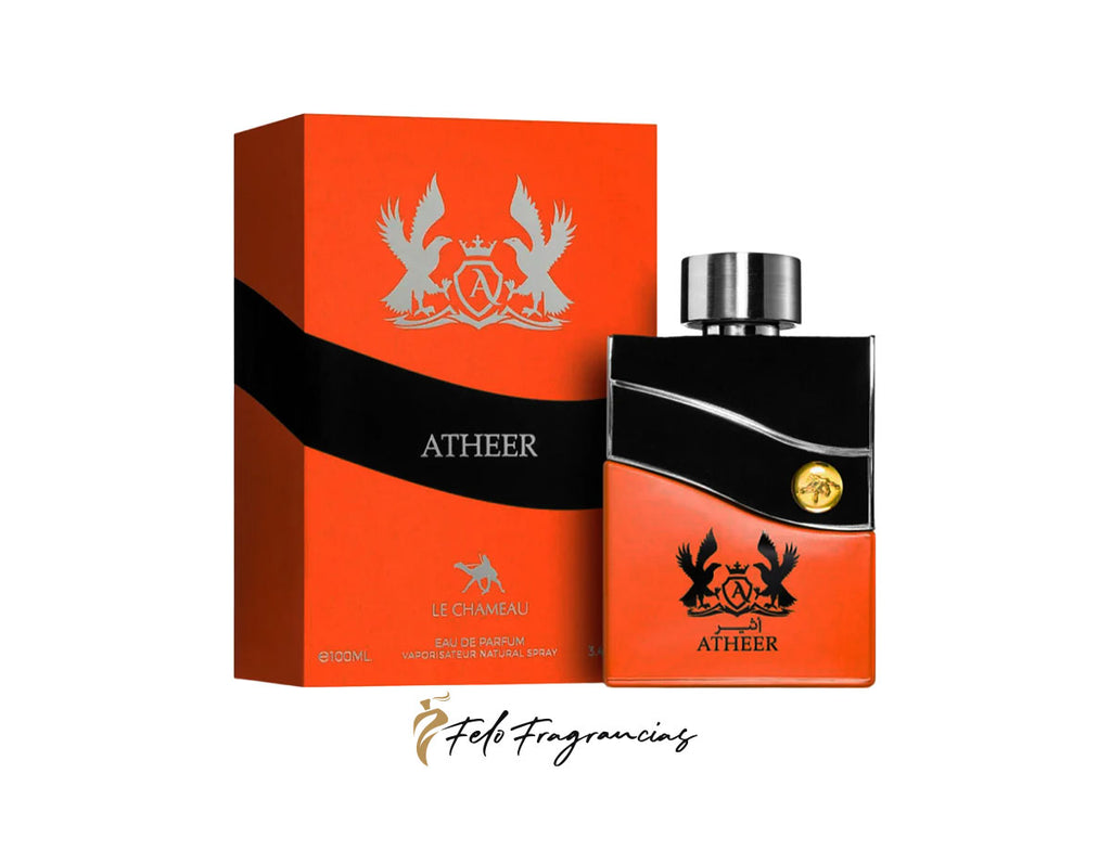 Eau de parfum Atheer 100 ml, frasco y caja naranja y negra, tapa plateada