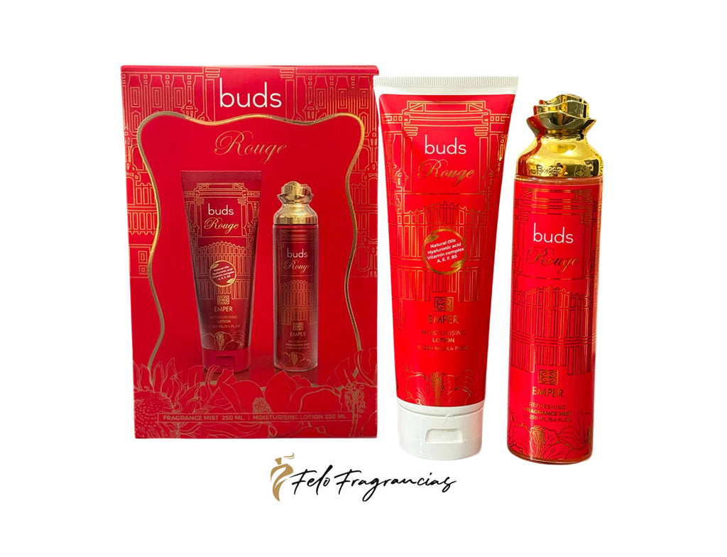 Buds Rouge fragrance gift set with red box, lotion tube, and spray bottle