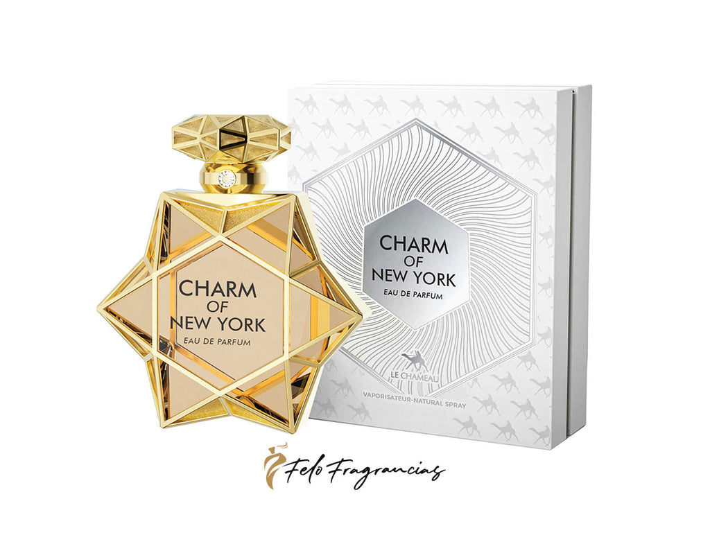 Charm of New York Eau de Parfum 85ml bottle with geometric gold cap and matching box