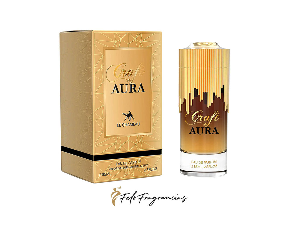 Craft Aura eau de parfum 85ml box and bottle, amber glass with gold ridges