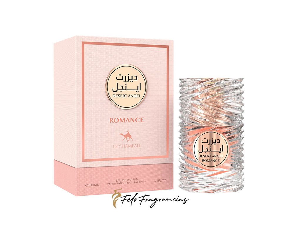 Romance Desert Angel eau de parfum 100ml bottle and pink box, clear fluted glass