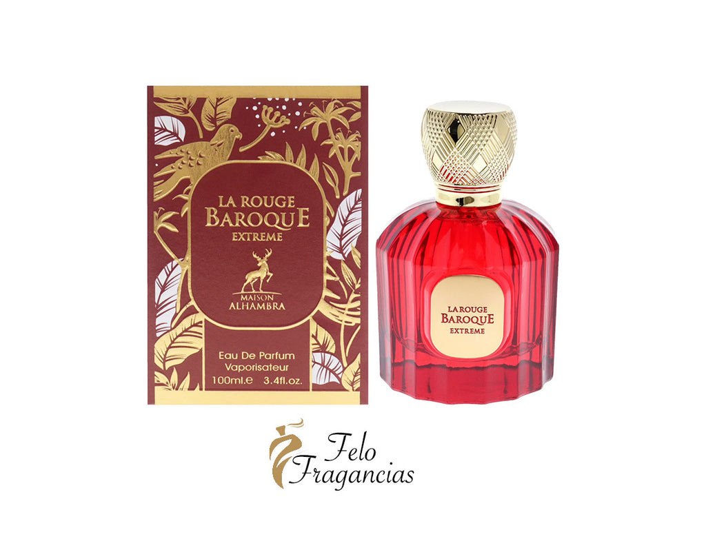 Fragancia Eau de Parfum Maison Alhambra en frasco rojo con tapa dorada y caja