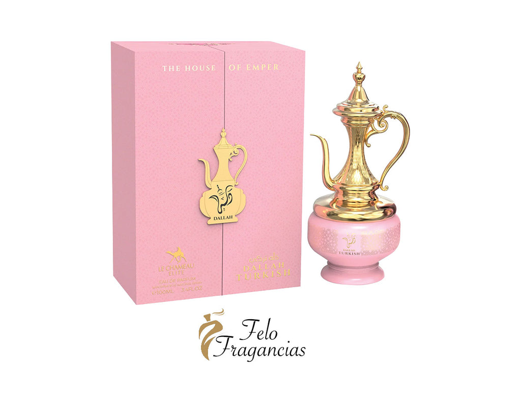 Perfume Le Chameau Elite Dallah Turkish: caja rosa y botella dorada tipo dallah
