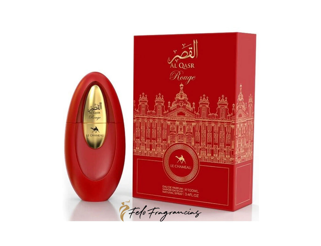 Red oval Al Qasr Rouge Eau de Parfum 100ml bottle with matching box