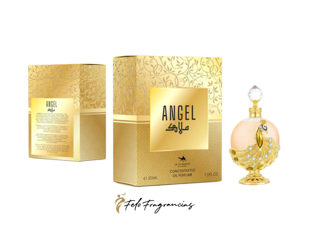Angel oil perfume bottle with gold decorative detail, shown with Angel perfume box