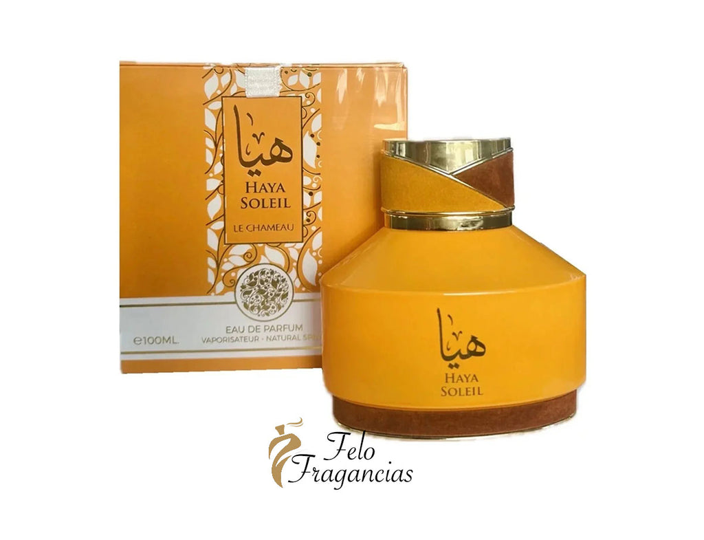 Haya Soleil Eau de Parfum 100ml bottle with matching box, amber gold design