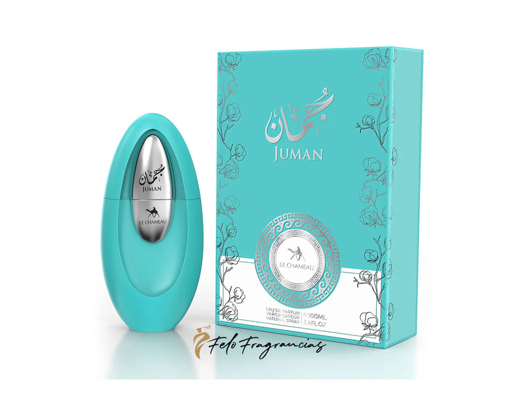 Juman Eau de Parfum 100ml, turquoise bottle with matching teal gift box