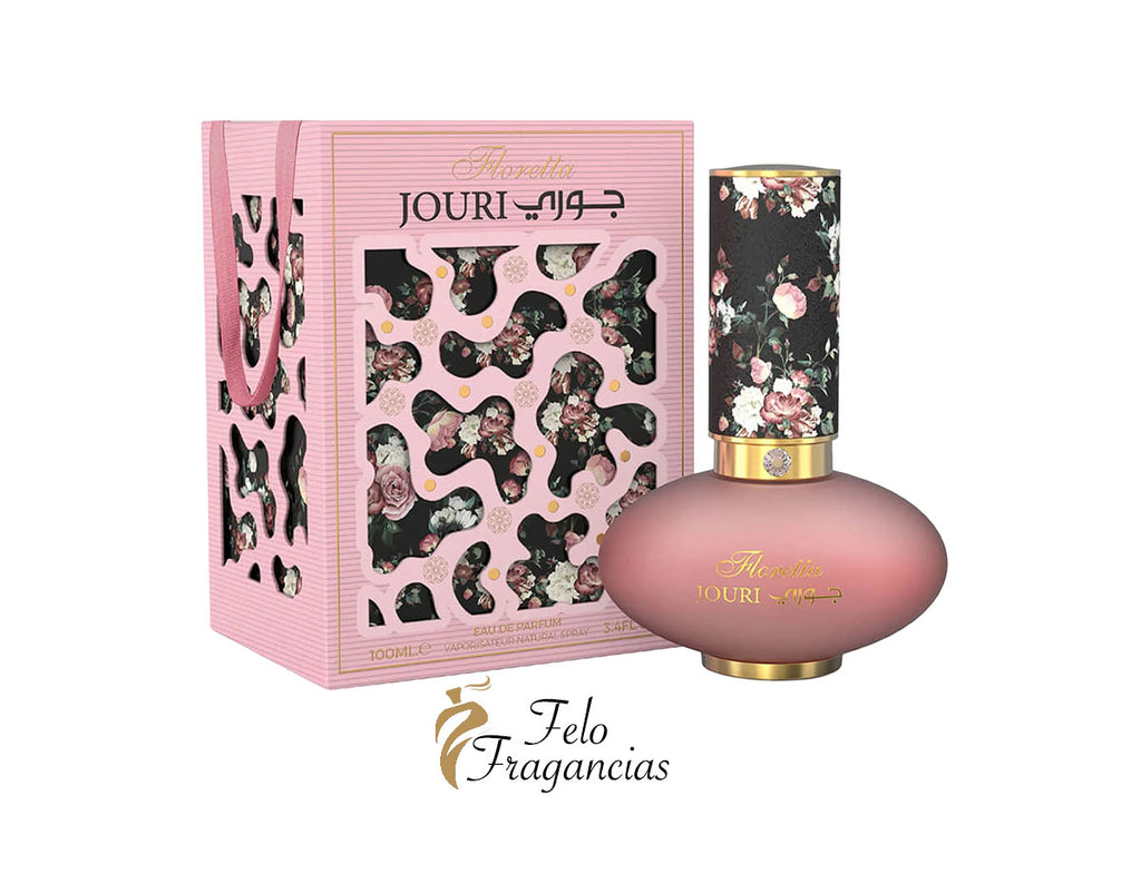 Floretta Jouri eau de parfum 100 ml, pink bottle with gold cap and floral box