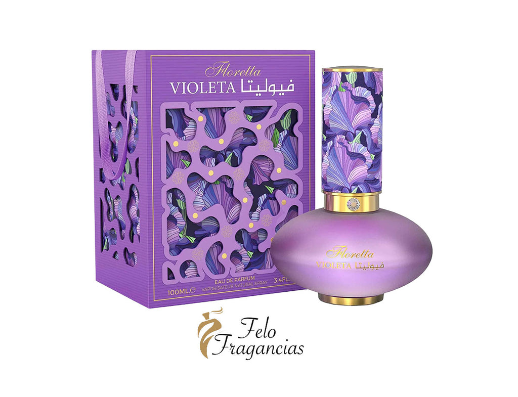 Floretta Violeta eau de parfum 100ml, purple bottle with gold cap and box