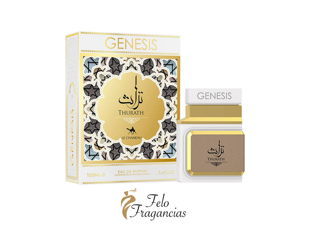 Genesis Thurath eau de parfum 100ml box and bottle, gold and beige label