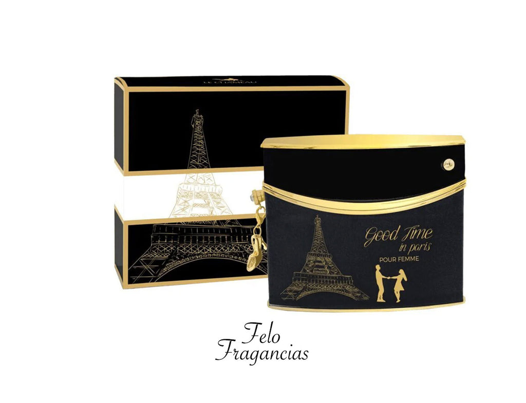 Eau de parfum bottle and gift box set in black with gold Eiffel Tower design.