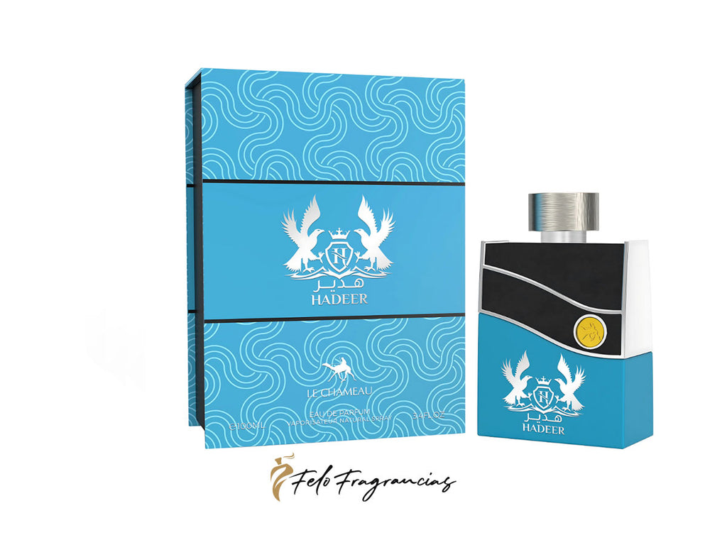 Hadeer eau de parfum 100ml box and bottle, dark bottle with blue label and silver cap