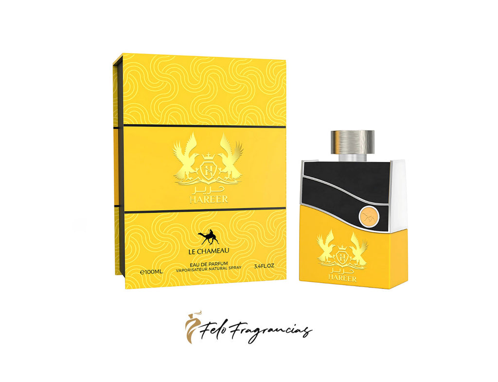 Hareer Eau de Parfum 100ml bottle and box, yellow with black band and gold emblem