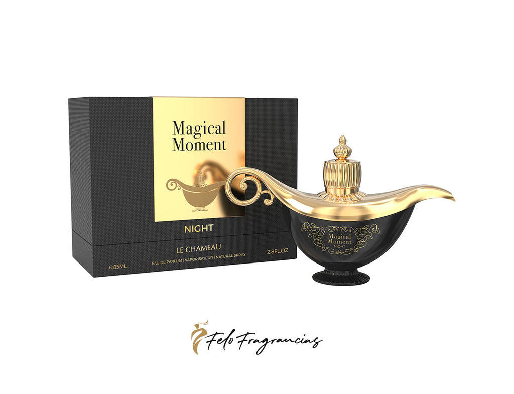 Perfume unisex en frasco negro y dorado con caja y atomizador, 85 ml