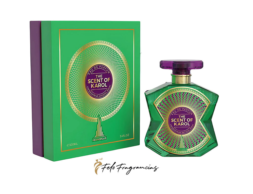 The Scent of Karol eau de parfum 100ml: green glass bottle with purple cap and box