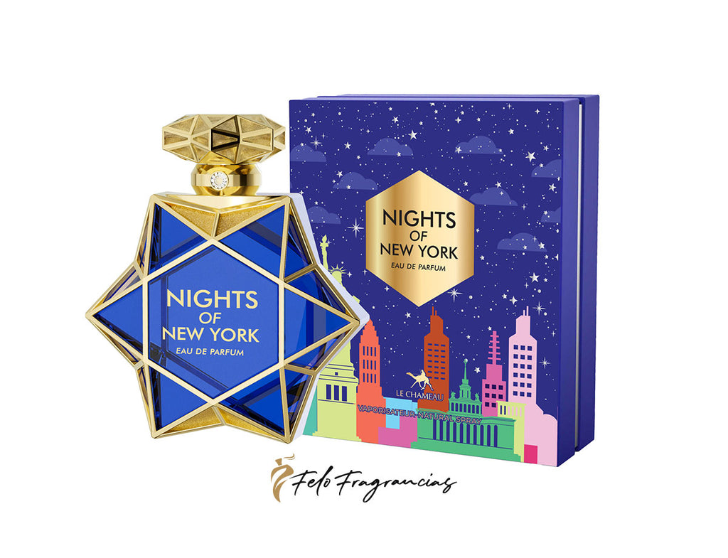 Nights of New York eau de parfum bottle with starry blue skyline gift box, 85 ml