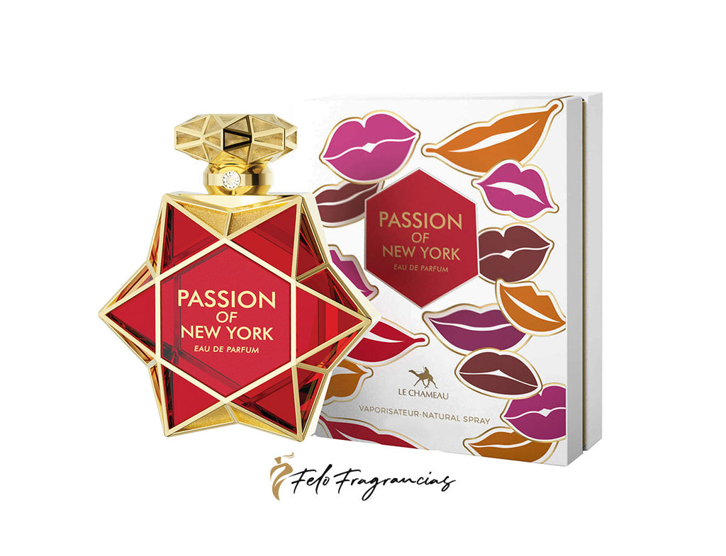 Passion of New York eau de parfum 85ml bottle with gold and red geometric design, gift box