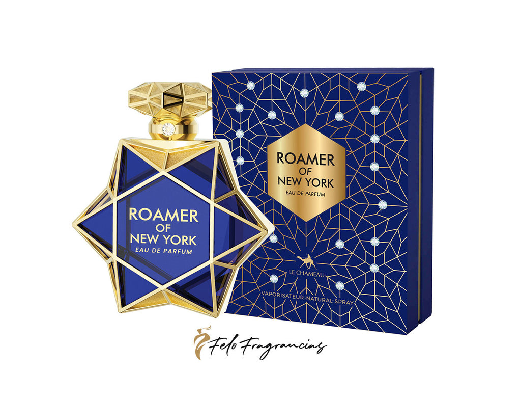 Roamer of New York eau de parfum 85ml, blue-and-gold bottle with matching gift box