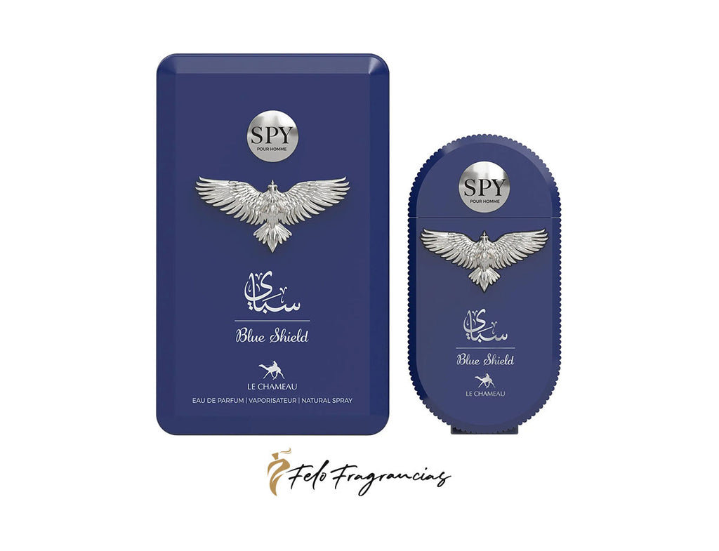 SPY Blue Shield eau de parfum bottle with eagle logo and matching navy tag