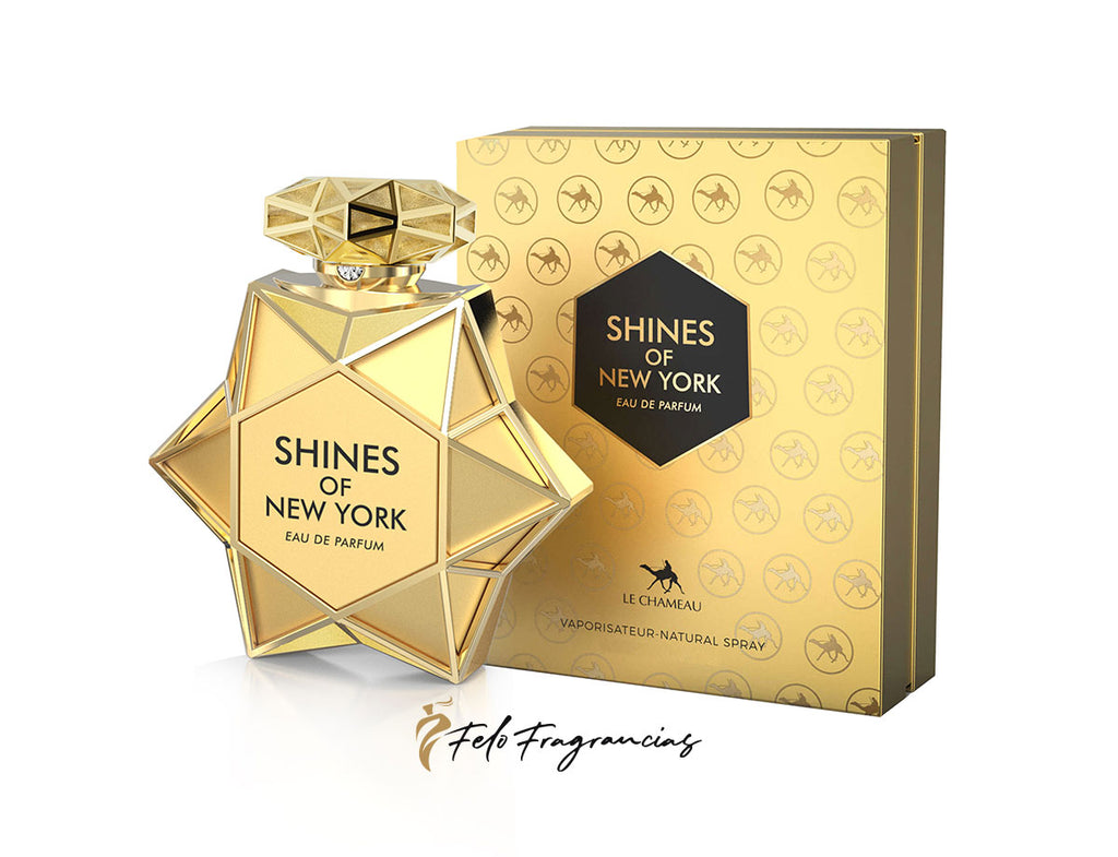 Shines of New York 85ml eau de parfum box and gold geometric bottle
