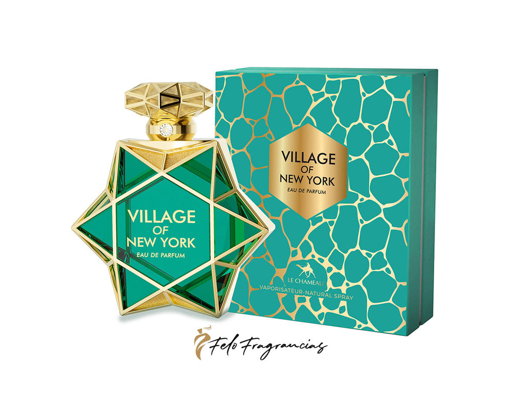 Village of New York eau de parfum 85ml bottle with teal box, gold geometric cap
