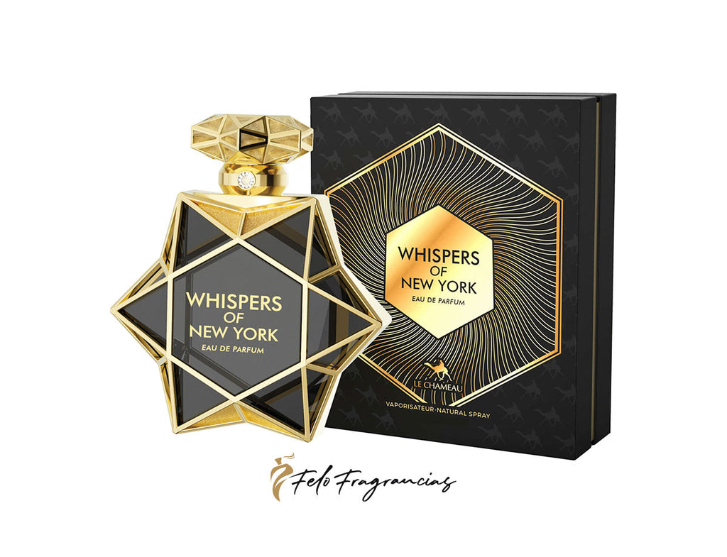 Whispers of New York eau de parfum 85ml: gold geometric bottle with dark box