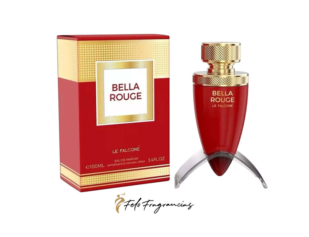 Bella Rouge Eau de Parfum 100ml box and red glass bottle with gold cap