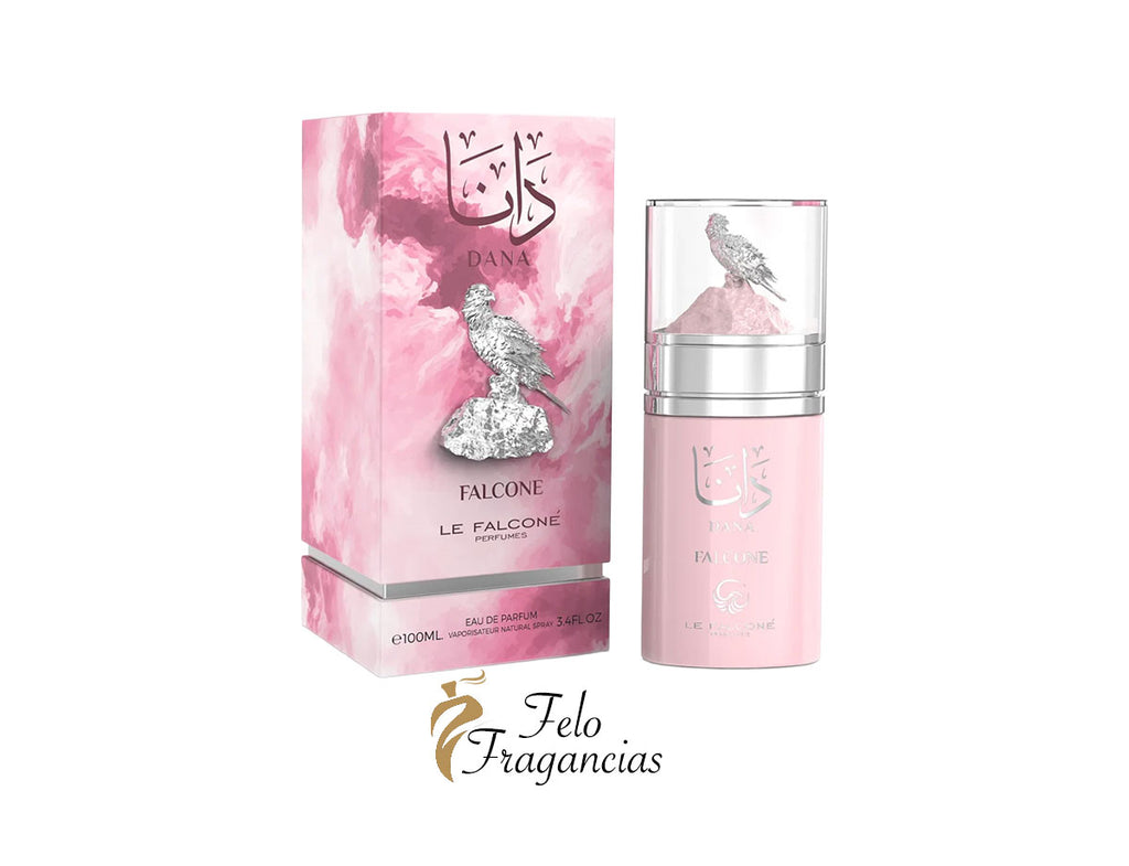 Dana Eau de Parfum 100ml pink glass bottle with silver cap and matching box
