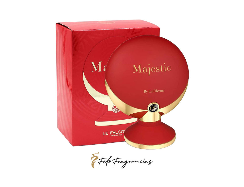 Majestic eau de parfum set: red bottle with gold base and matching red gift box