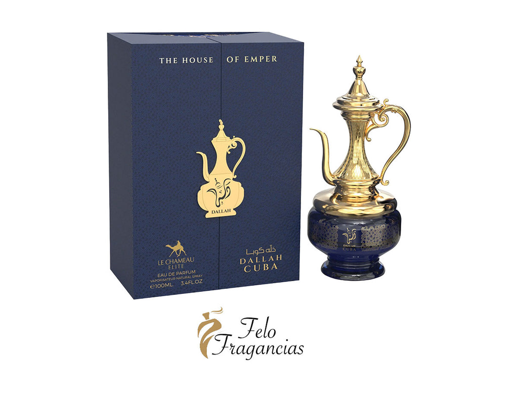 Elite Dallah Cuba eau de parfum 100ml, gold-topped glass bottle with blue label and box