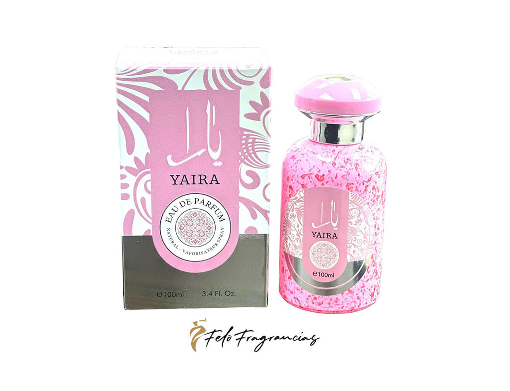Yaira 100ml eau de parfum bottle with pink glitter sprinkles and matching box.