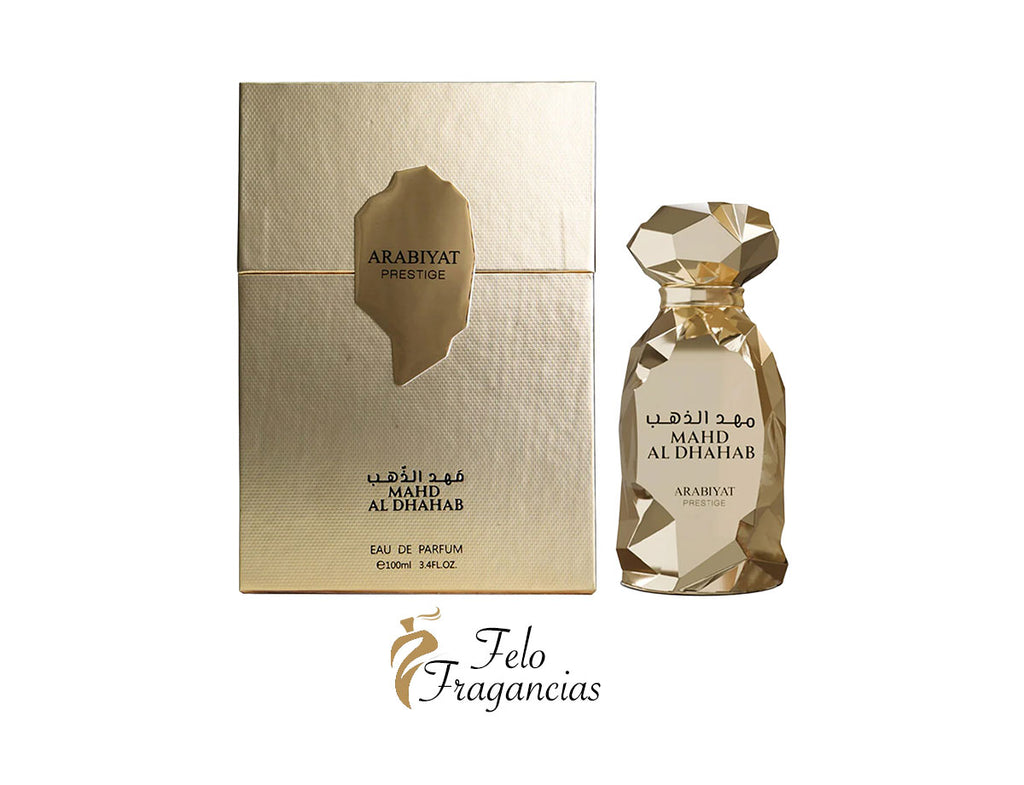Mahd Al Dhahab 100ml eau de parfum bottle with matching box, golden geometric design