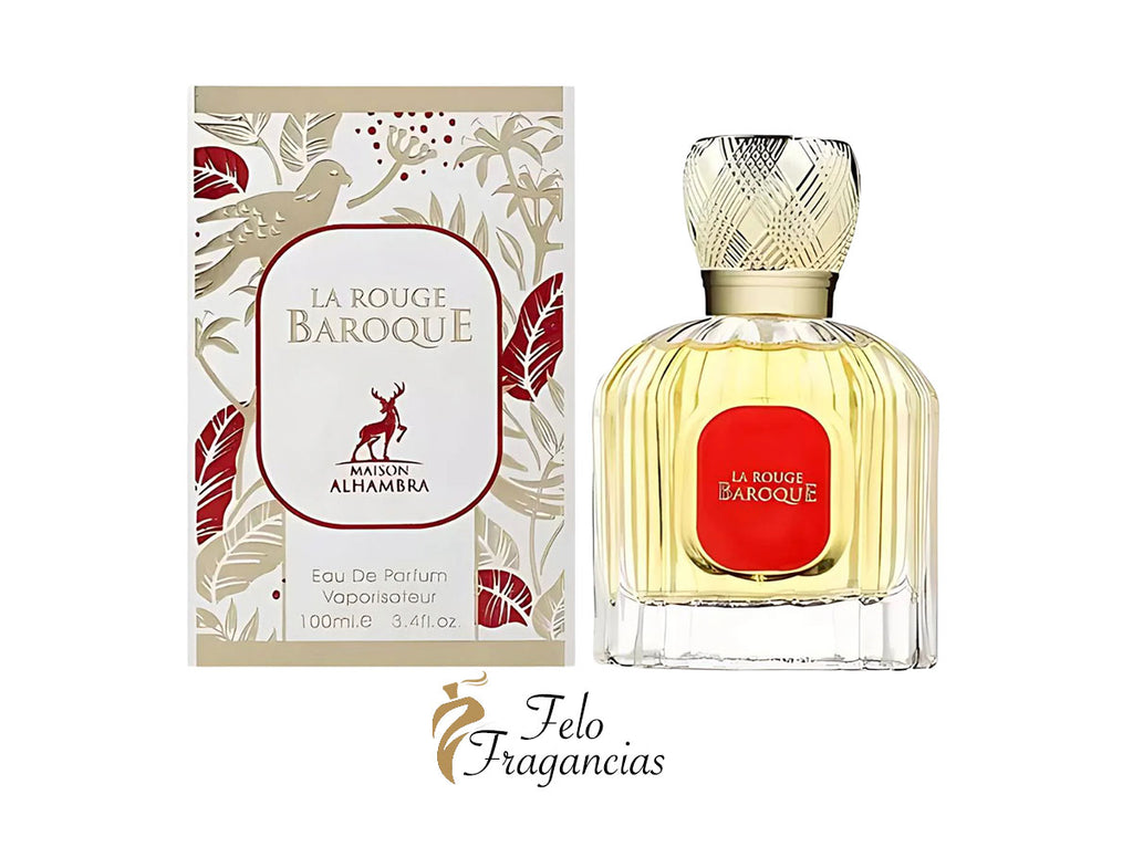 Fragancia Maison Alhambra La Rouge Baroque en frasco con tapón dorado, 100 ml