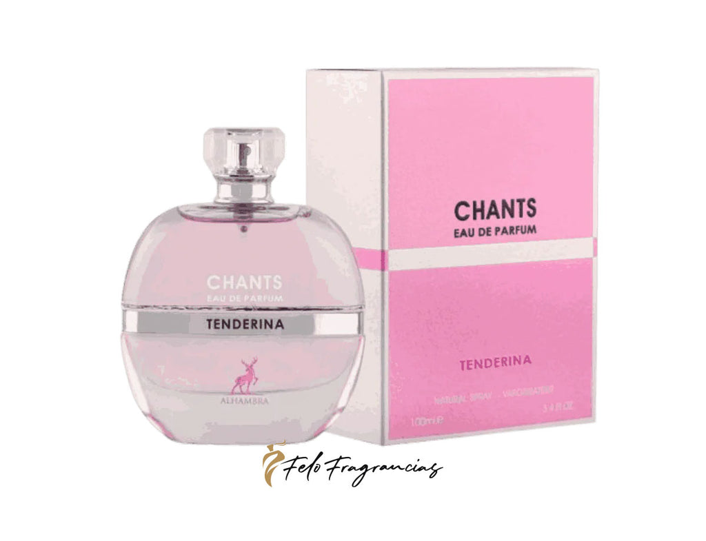 Chants Tenderina eau de parfum 100ml, pink glass bottle with matching product box