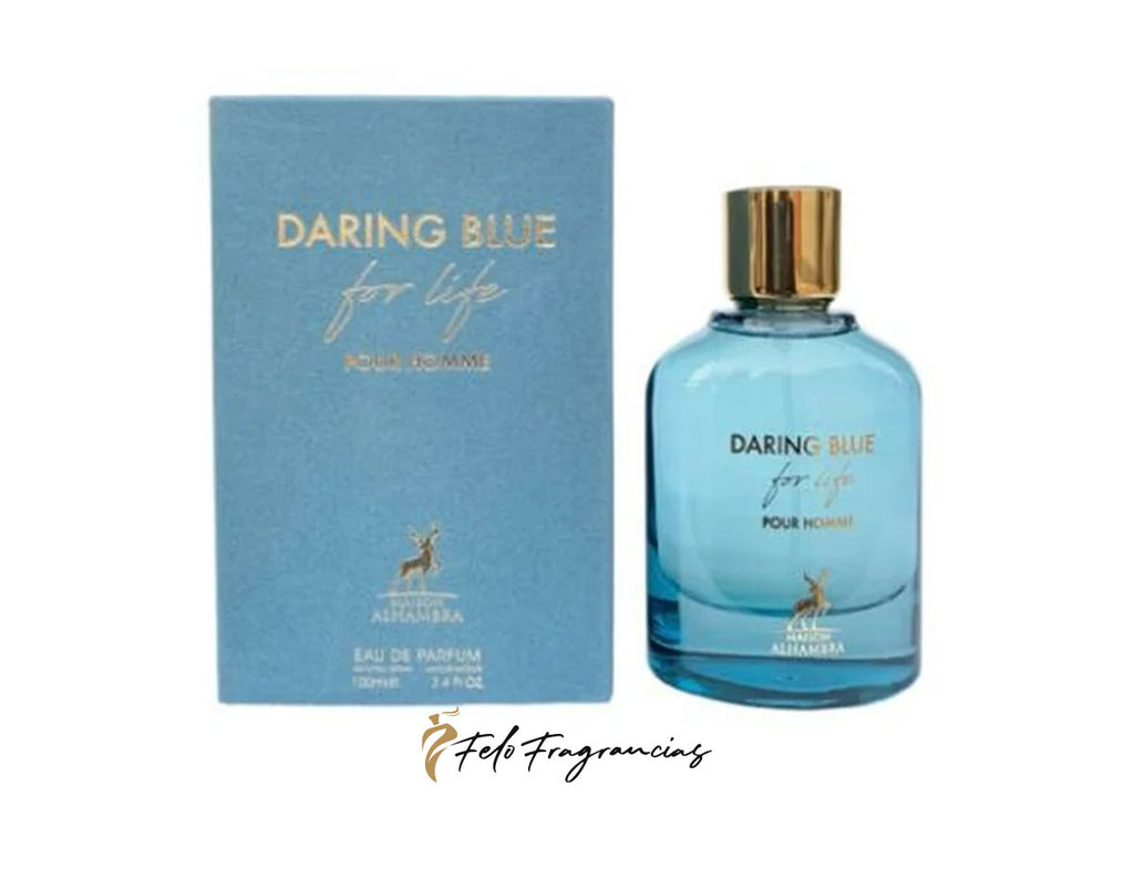 Daring Blue for Life eau de parfum 100ml bottle and box, blue glass
