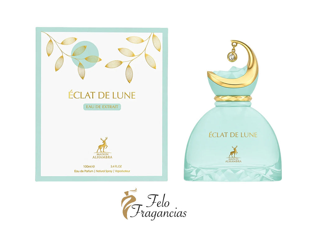 Eau de parfum Éclat de Lune, flacon turquoise avec capuchon doré et coffret