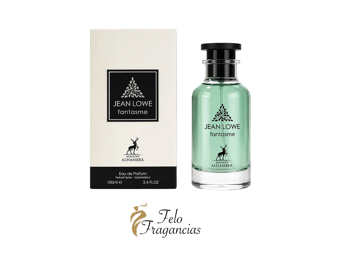 Eau de parfum Maison Alhambra Jean Lowe Fantasme: frasco verde, tapa negra y caja.