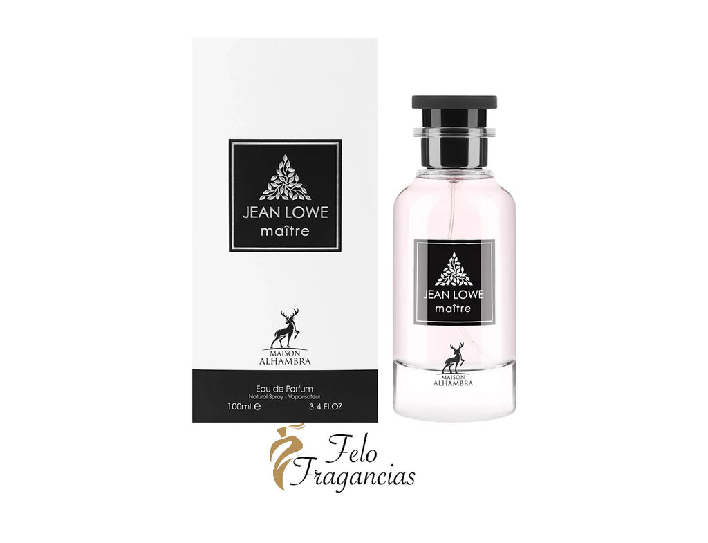 Jean Lowe Maître eau de parfum bottle with label, black cap and 100ml box