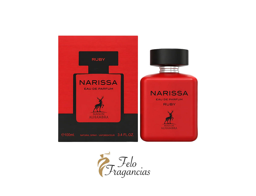 Narissa Ruby Eau de Parfum 100ml bottle and red box, red glass with black cap