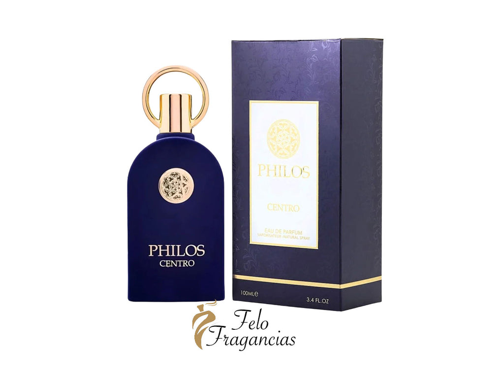 Eau de Parfum en frasco azul oscuro de 100 ml, con tapa dorada y caja