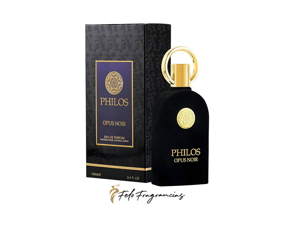 Perfume Eau de Parfum Philos Opus Noir, frasco oscuro con tapón dorado