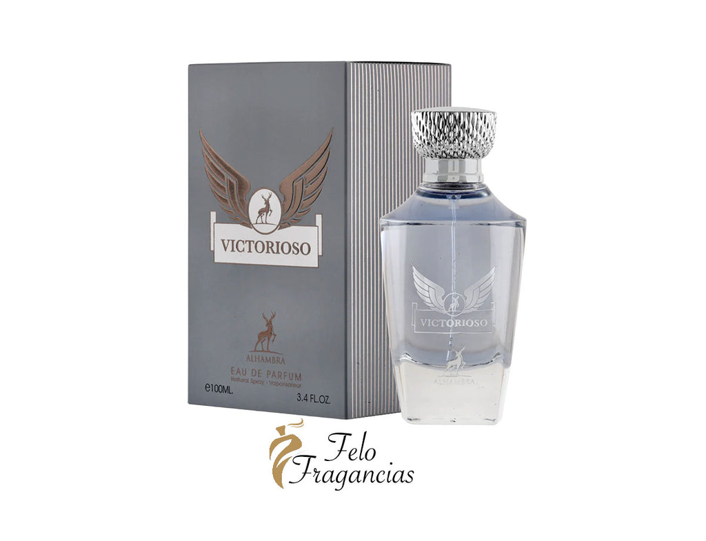 Victorioso 100ml eau de parfum set: grey box and clear glass bottle with ribbed cap