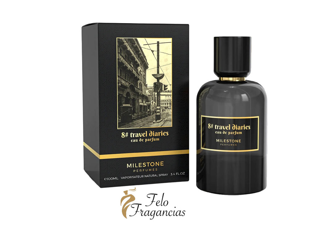 8# Travel Diaries eau de parfum 100ml bottle and black presentation box.