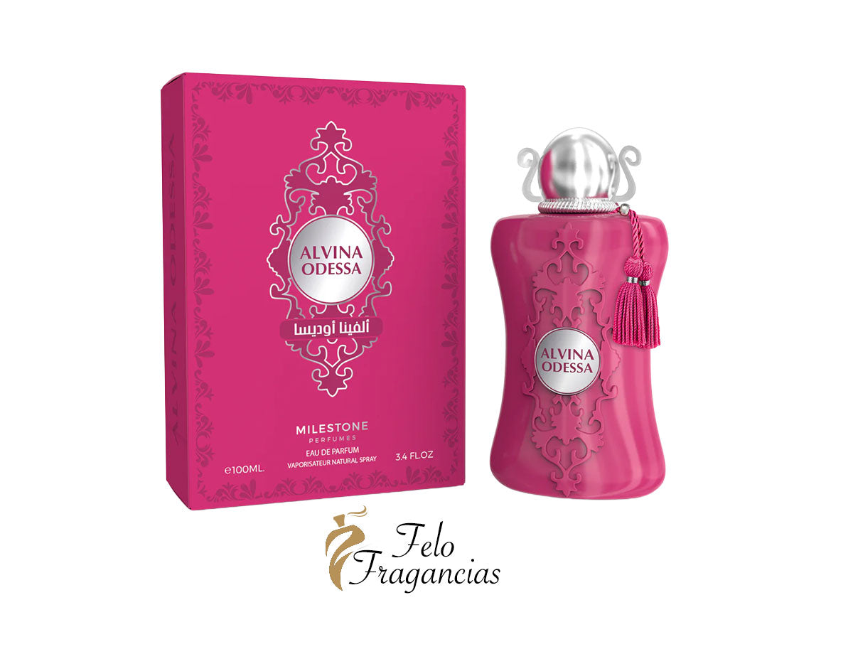 Milestone Alvina Odessa Eau de Parfum 100ml boxed and spray bottle, pink glass