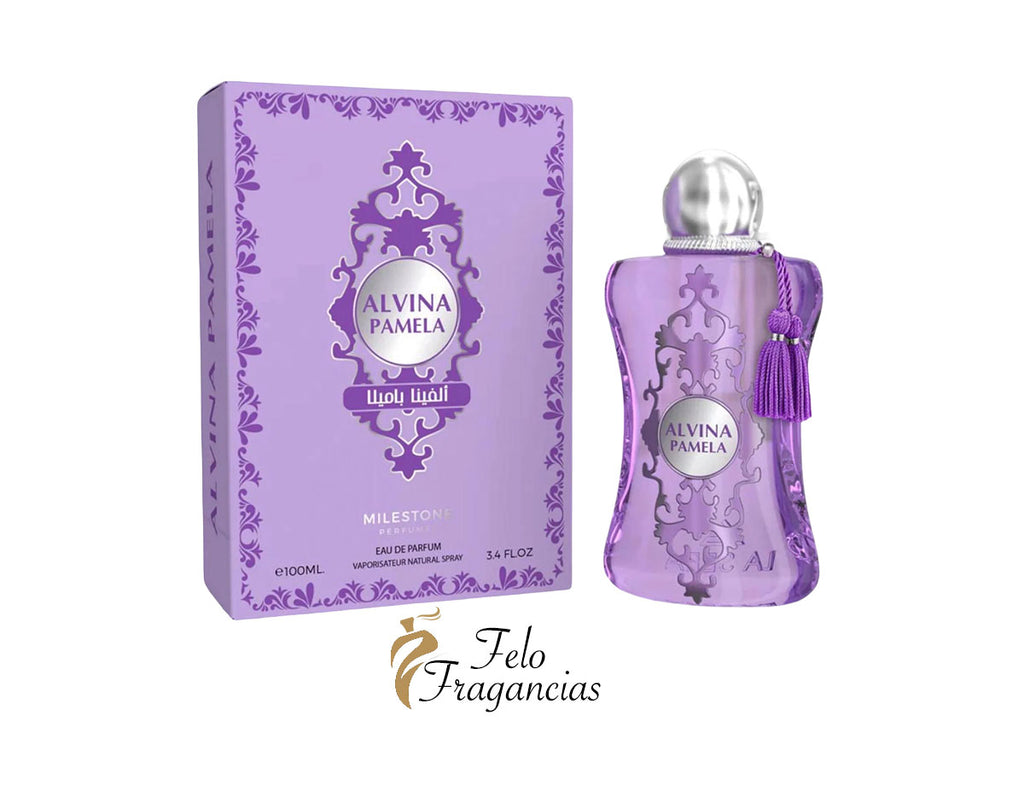 Alvina Pamela eau de parfum 100ml, purple glass bottle with ornate label