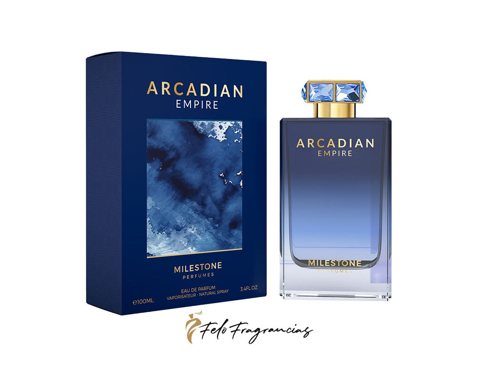 Arcadian Empire eau de parfum 100ml box and glass bottle with blue gradient label