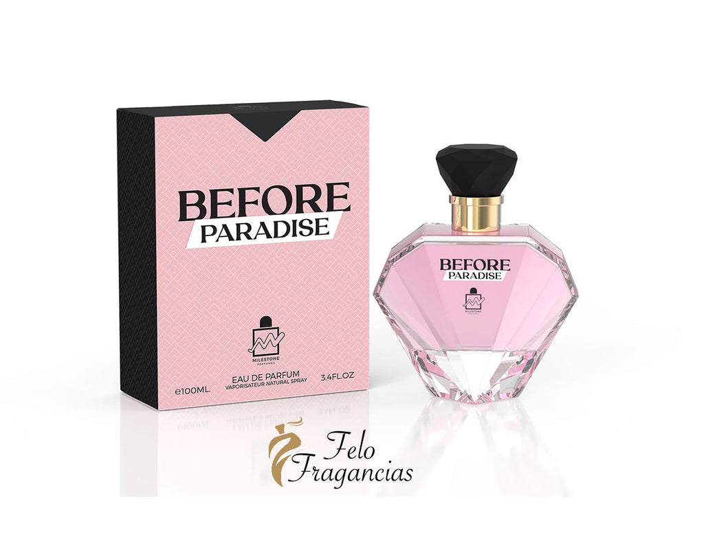 Milestone Before Paradise eau de parfum set: pink faceted bottle with black cap and matching box